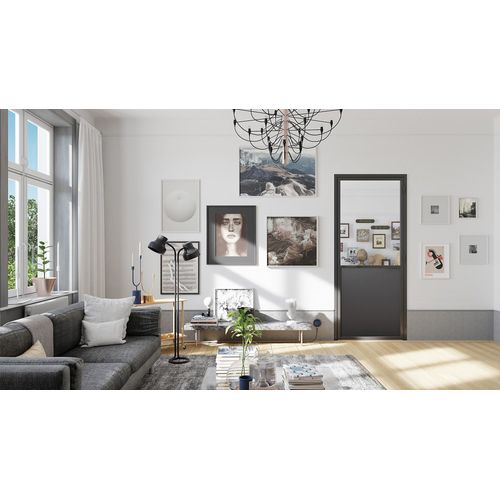 Bloc Porte Contemporain H. 204 X 83 X 3 cm cadre en aluminium noir et verre transparent Poussant Droit