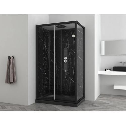 Cabine de douche, paroi fond verre effet marbre noir, receveur extra-plat acrylique noir renforcé 120x80x11 cm Alep Allibert