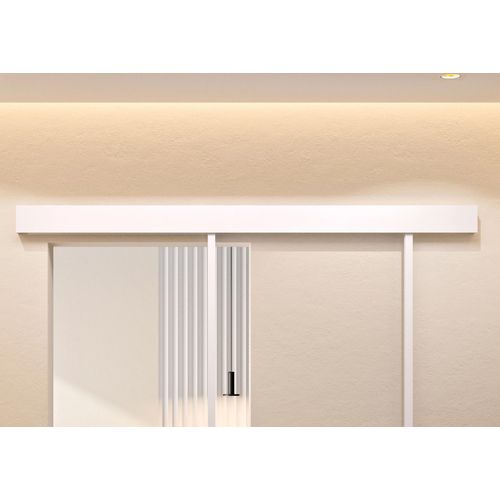 Kit porte coulissante en applique Contemporain blanc chêne terra cadre en aluminium et verre transparent H 204 x 83 x 3,6 cm H 204 x 83 x 3,6 cm