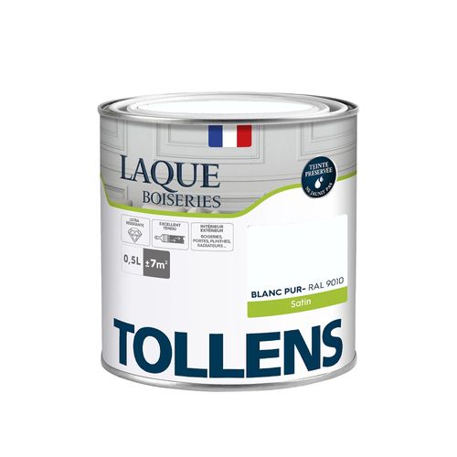 Laque boiseries et métal Tollens satin blanc pur RAL 9010 500ml