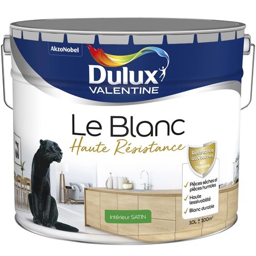 Peinture murale le Blanc Dulux Valentine haute résistance satin blanc 10L