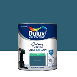 Peinture haute résistance Crème de couleur cuisine et bain Dulux Valentine bleu paon satin 0,75L