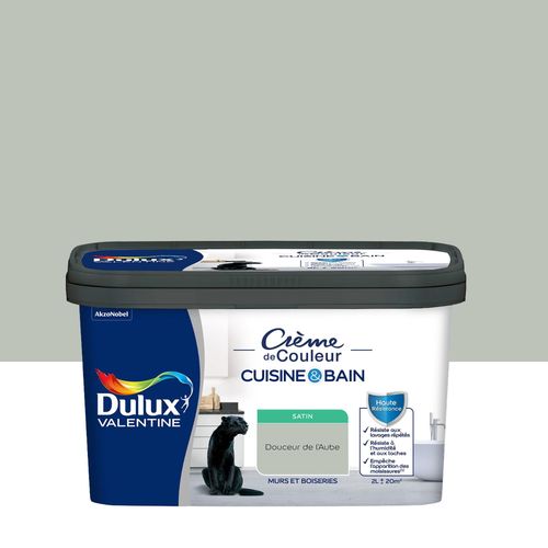 Peinture haute résistance Crème de couleur cuisine et bain Dulux Valentine vert douceur de l'aube satin 2L