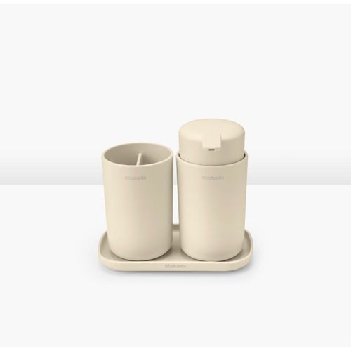 Lot de 3 accessoires salle de bains avec plateau + gobelet + distributeur de savon, beige, Brabantia ReNew