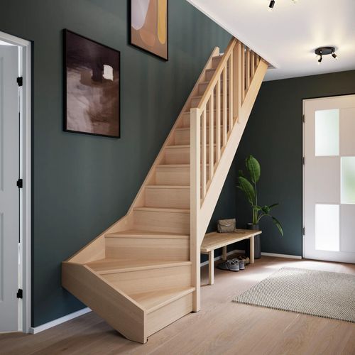 Escalier quart tournant droit FORTIA hêtre naturel 13 marches Siderno avec contremarches