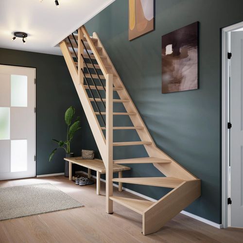 Escalier quart tournant gauche FORTIA hêtre naturel 13 marches Siderno sans contremarche