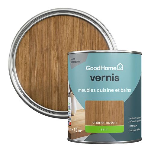 Vernis meubles cuisine et bains GoodHome chêne moyen satin 750 ml