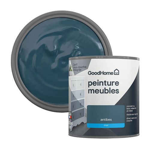 Peinture pour meubles bois, mélaminé et métal GoodHome mat bleu Antibes 500ml