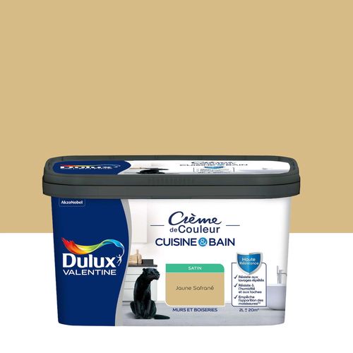 Peinture haute résistance Crème de couleur cuisine et bain Dulux Valentine jaune safran satin 2L