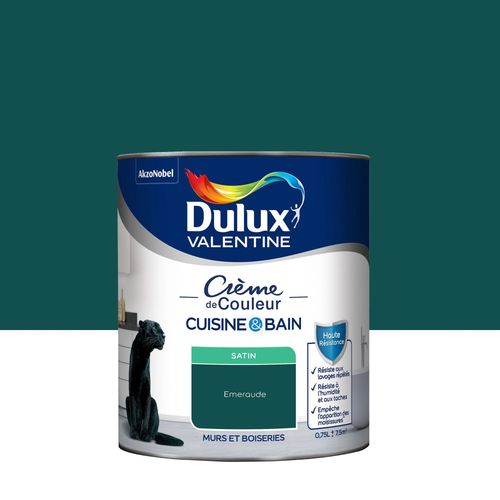 Peinture haute résistance Crème de couleur cuisine et bain Dulux Valentine vert emeraude satin 0,75L