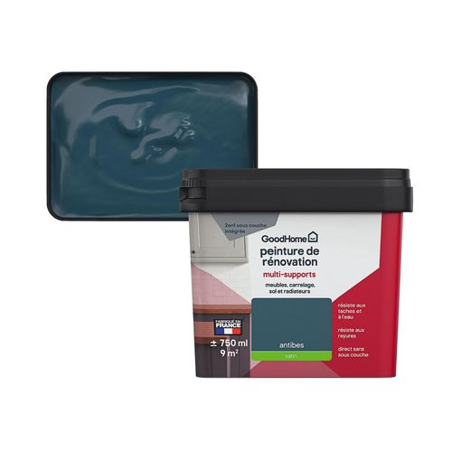 Peinture de rénovation GoodHome multi-supports satin bleu Antibes 750ml