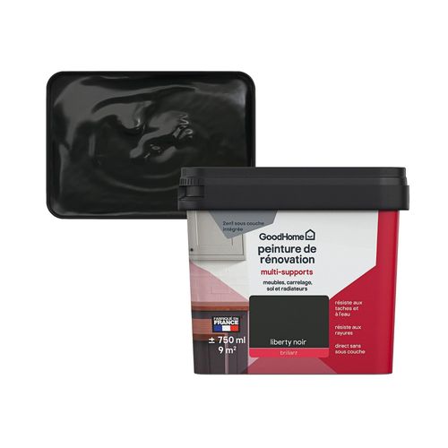 Peinture de rénovation GoodHome multi-supports brillant noir Liberty noir 750ml