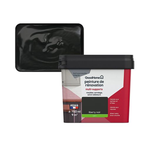 Peinture de rénovation GoodHome multi-supports satin noir Liberty noir 750ml