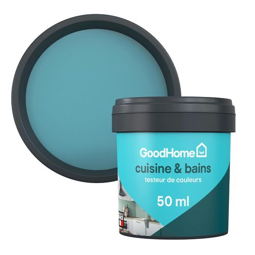 Peinture cuisine et salle de bains GoodHome bleu Nice satin 50ml