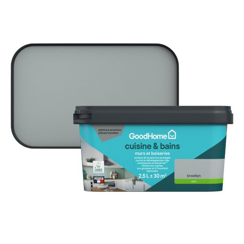 Peinture cuisine et salle de bains GoodHome gris Brooklyn satin 2,5L
