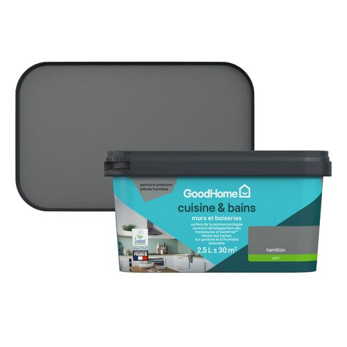 Peinture cuisine et salle de bains GoodHome gris Hamilton satin 2,5L