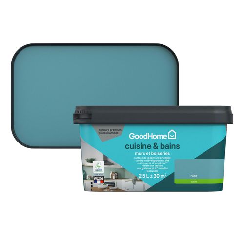 Peinture cuisine et salle de bains GoodHome bleu Nice satin 2,5L