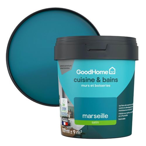 Peinture cuisine et salle de bains GoodHome bleu Marseille satin 750ml