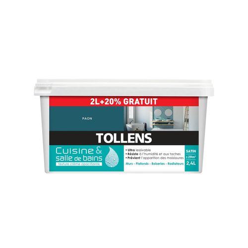 Peinture Cuisine et salle de bains Tollens bleu Paon 2L+20%