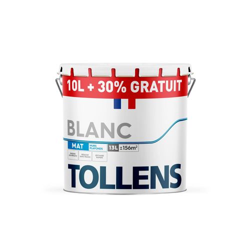 Peinture bicouche murs plafonds boiseries Tollens blanc mat 10L + 30% gratuit