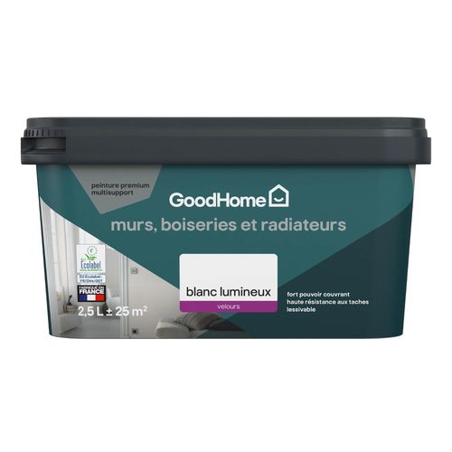 Peinture murs, plafonds et radiateurs GoodHome blanc lumineux velours 2,5L