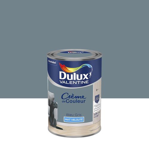 Peinture couleur murs, boiseries et radiateurs Crème de couleur Dulux Valentine bleu gris mat 1,5L