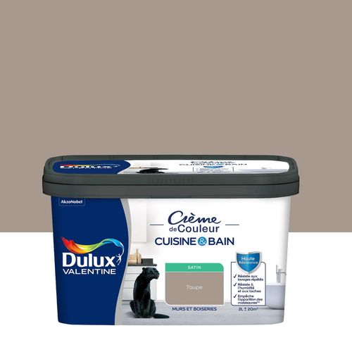 Peinture haute résistance Crème de couleur cuisine et bain Dulux Valentine marron taupe satin 2L