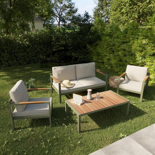 Salon Bas De Jardin En Aluminium Goodhome Rowa 4 Personnes Couleur Vert