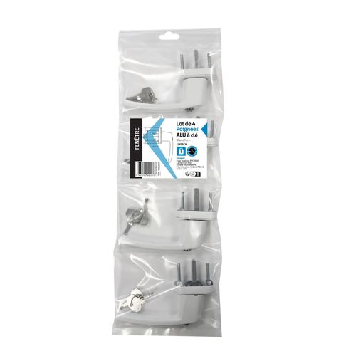 Lot de 4 poignées alu à clé blanc pour fenêtre L.125mm