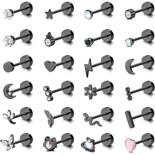 24pcs Boucles D'oreilles Femme Acier Inoxydable Oreille Piercing Boucles D'oreilles  Vis Tragus Cartilage Piercing Papillon Serpent Fleur Oreille Piercing Tragus Helix Piercing Bijoux