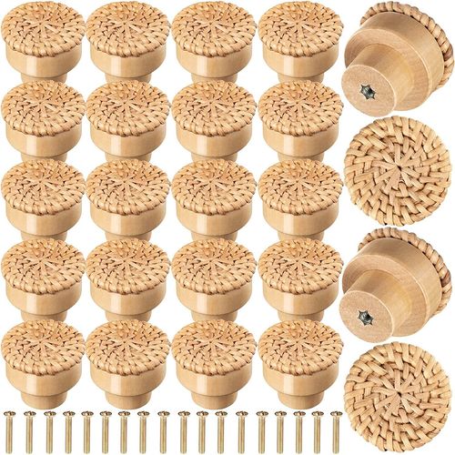 24pcs - Lvent De Commode En Rotin Boho, Boutons De Fusion Ronds En Bois, Tisss  La Main Par L'unicef, Vis Pour Meubles Boho