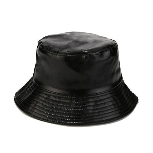 Farfi Unisex Bucket Hat Waterproof Holographic Adjustable Sun Protection Faux Leather Flat Top Fisherman Hat For Daily Outing