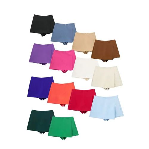 Jupe-Short Vintage À Fermeture Éclair Sur Le Côté Pour Femme,Mode,Couleur Unie,Taille Haute,Chic,Dame