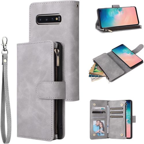 Coque Pour Samsung Galaxy S10, Pu Flip Case Fentes De Cartes Fonction Support, Fermeture - Gris