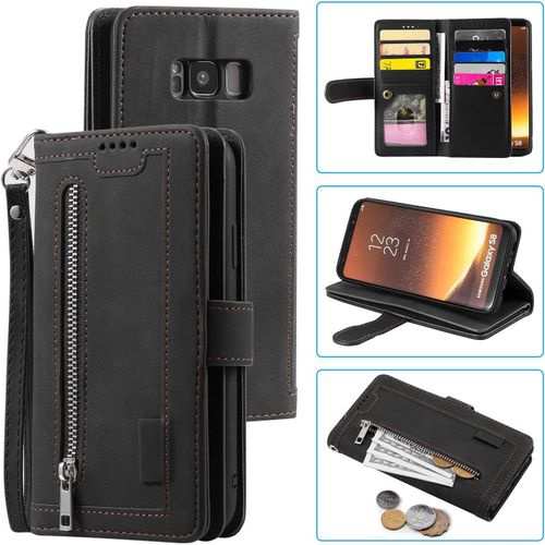 Coque Pour Samsung Galaxy S8, Pu Flip Case Anti-Choc Fentes De Cartes Fonction Support, Fermeture - Noir
