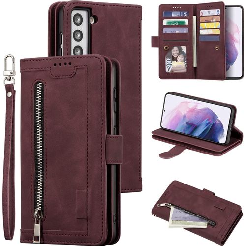 Coque Pour Samsung Galaxy S21 5g, Pu Flip Case Anti-Choc Fentes De Cartes Fonction Support, Fermeture - Vin Rouge