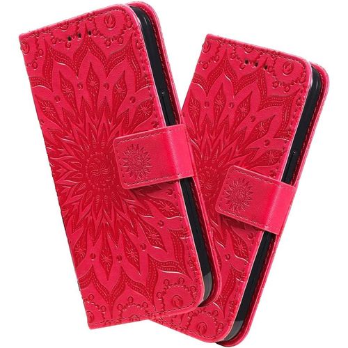 Coque Oppo A15 Porte Carte, Coque Oppo A15 Rabat Mandala, En Faux Cuir Magnetique Et Dragonne Pour Oppo A15. Red Kt