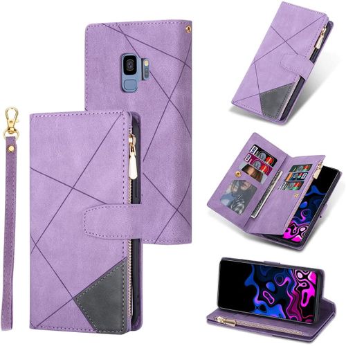 Coque Pour Samsung Galaxy S9 Plus, Pu Flip Case Anti-Choc Fentes De Cartes Fonction Support, Fermeture - Diamant Violet