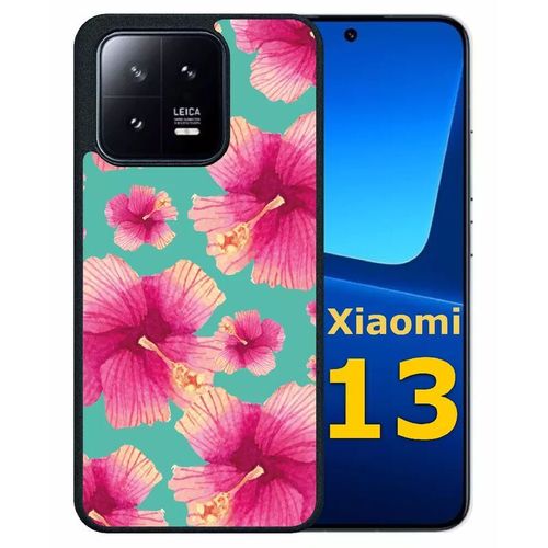 Coque Pour Xiaomi 13 - Hibiscus Fond Turquoise - Silicone - Noir