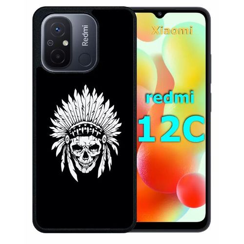 Coque Pour Redmi 12c - Tete De Mort Coiffe Indienne Noir Et Blanc - Silicone - Noir