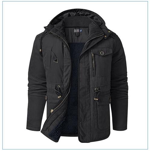 Hommes Grande Taille Agneau Velours Capuche Coton Veste Épaissie Multi - Poches Coton Top Casual Moyen Long Manteau Noir Taille M