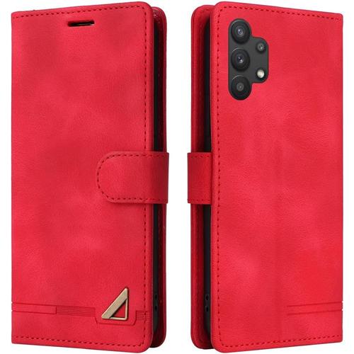 Cas De Pour Samsung Galaxy A32 5g Sm-A326 6,5 Pouces Pu Cuir Housse Flip Coque Lignes Vintage Motif Avec Built Stand Magnétique Fermeture Portefeuille Étui De Protection Rouge