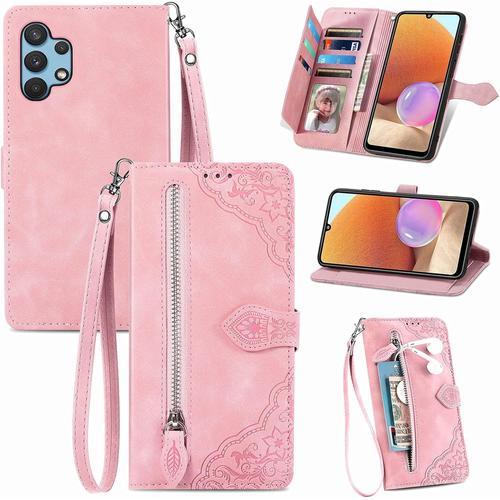 Cas De Pour Samsung Galaxy A32 5g Sm-A326 6,5 Pouces Pu Housse Étui À Rabat Gaufrage Motif Avec Support Magnétique Fermeture Eclair Portefeuille Protection Cas Rose