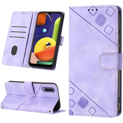 Cas De Pour Samsung Galaxy A30s/A50/A50s A307/A505/A507 6,4 Pouces Pu Cuir Housse Flip Coque Petits Carrés Motif Avec Support Magnétique Fermeture Portefeuille Étui De Protection Violet