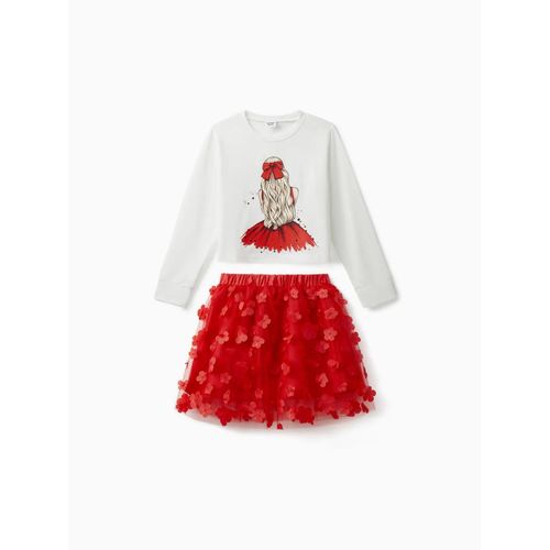 2 Pièces Enfant Fille Figure Tee Imprimé Et 3d Motif Floral Rouge Maille Jupe Ensemble