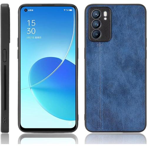 Cas De Pour Oppo Reno 6 6,4 Pouces Ultra Mince Pc Dur Coque Cuir De Vache Motif Pu Case Placage Housse Protection Bleu