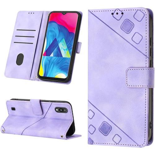 Cas De Pour Samsung Galaxy A10/M10 A105/M105 6,2 Pouces Pu Cuir Housse Flip Coque Petits Carrés Motif Avec Support Magnétique Fermeture Portefeuille Étui De Protection Violet