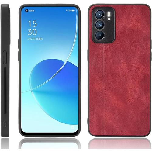 Cas De Pour Oppo Reno 6 6,4 Pouces Ultra Mince Pc Dur Coque Cuir De Vache Motif Pu Case Placage Housse Protection Rouge