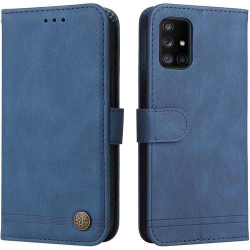 Housse Pour Telephone Samsung Galaxy A71 4g Etui, Arbre De Vie Pu/Tpu Sensation Peau Cuir Coque Magnétique Portefeuille, Bleu