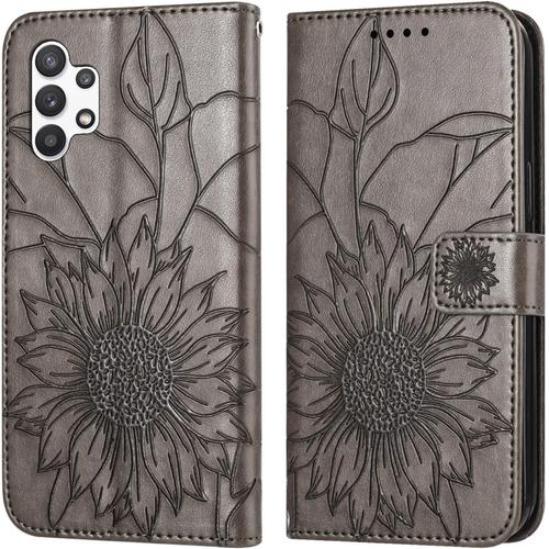 Étui Pour Samsung Galaxy A32 5g Sm-A326 6,5 Pouces Pu Cuir Housse Flip Coque Gaufré Tournesol Motif Avec Supports Magnétique Fermeture Portefeuille Protection Cas Gris